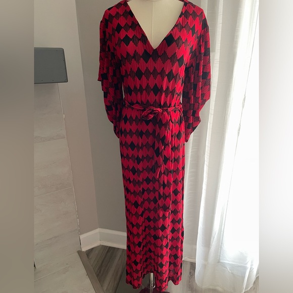 NWT ZARA Geometric Print Red Midi/Maxi Belted Dress Size Medium - Picture 4 of 13